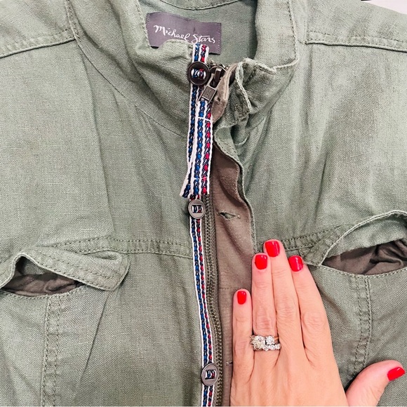 Michael Stars Military Anorak Green Linen Jacket Zipper Tie Waist Size Small - Picture 3 of 10